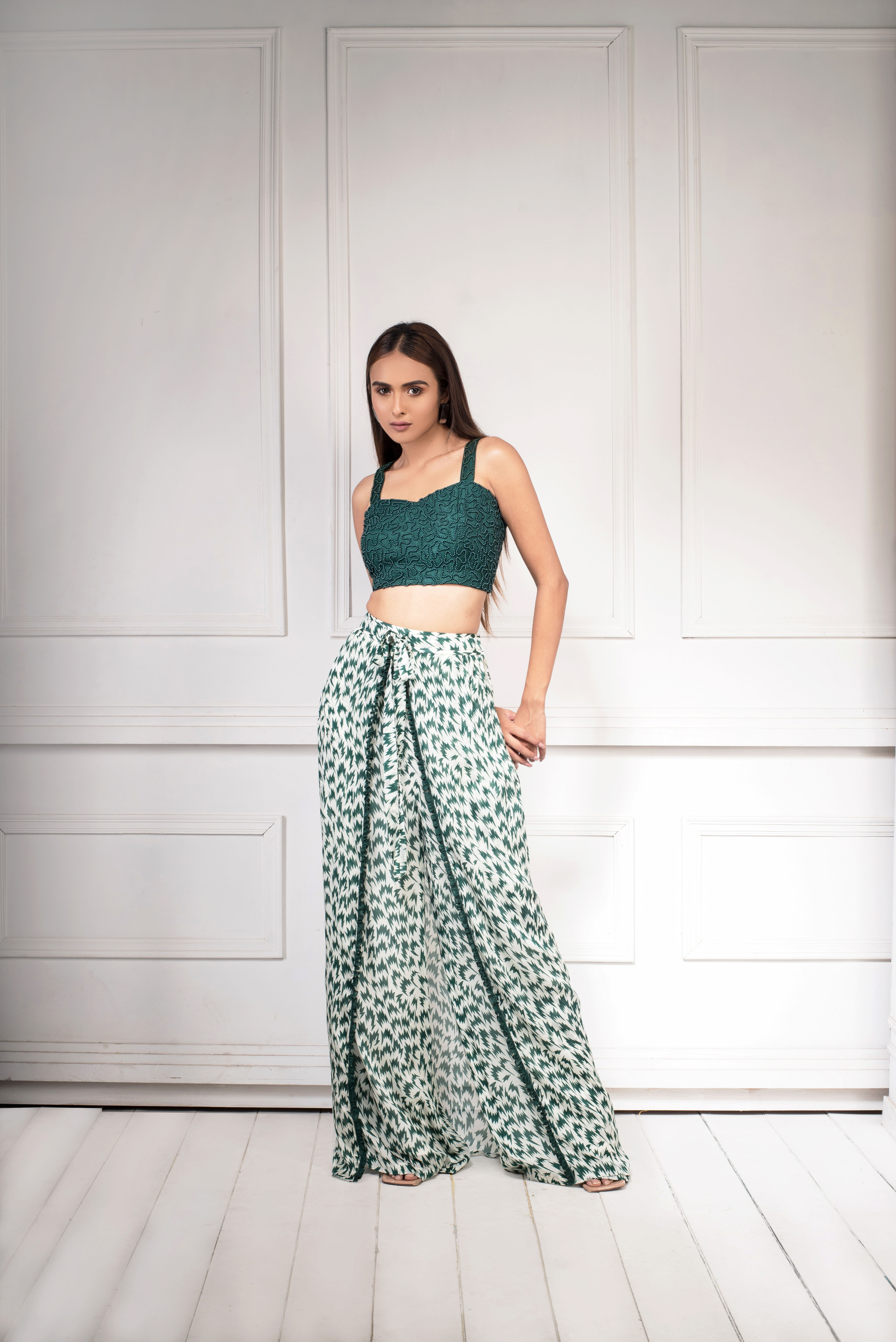 Embellished crop top with flowing pants