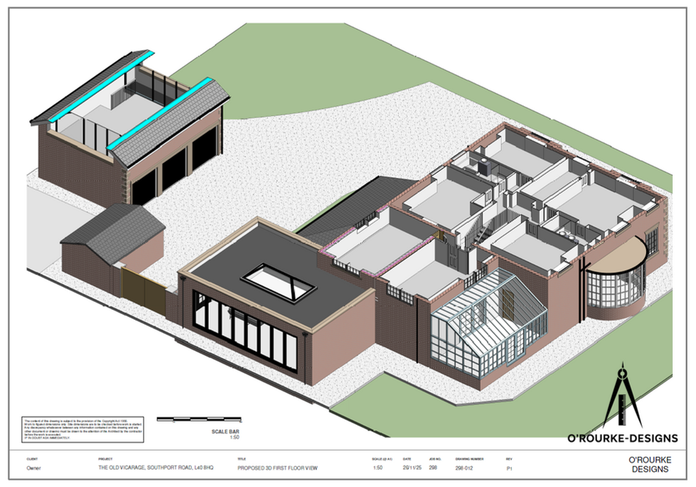 Proposed 3D cutaway view of residential property in Southport showing internal layout and rear extension design.