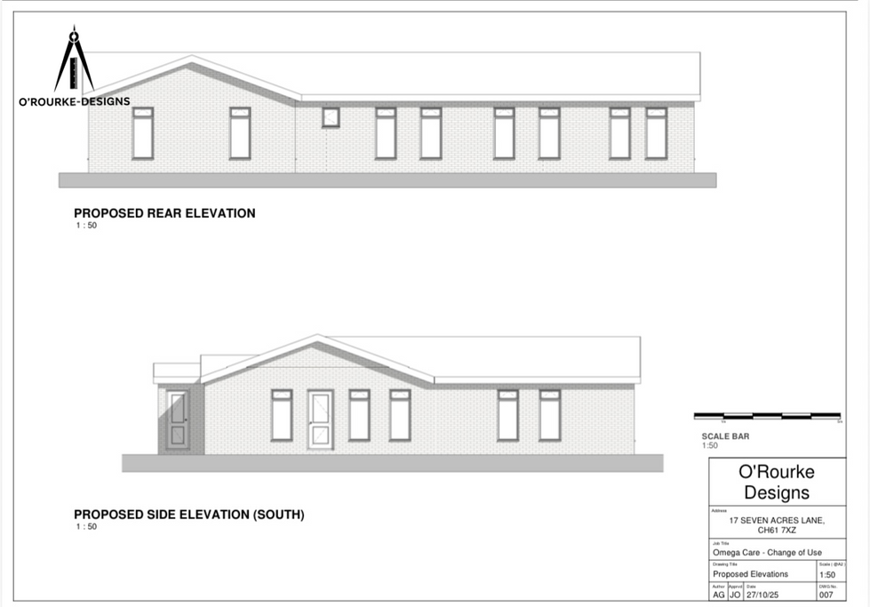 Proposed rear and side elevations for commercial change of use at Seven Acres Lane, Wirral. 