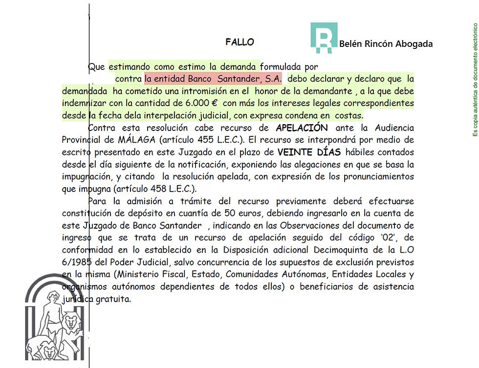 Fallo de sentencia sobre inclusión indebida en CIRBE e indemnización de 6.000 euros