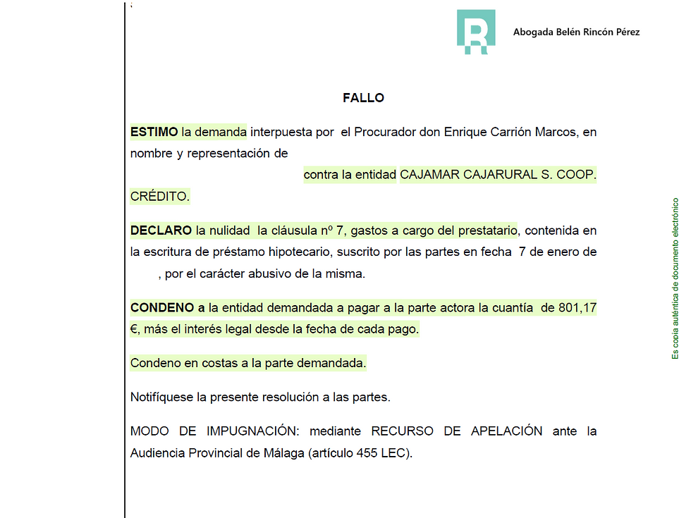 Sentencia gastos hipotecarios Cajamar Archidona