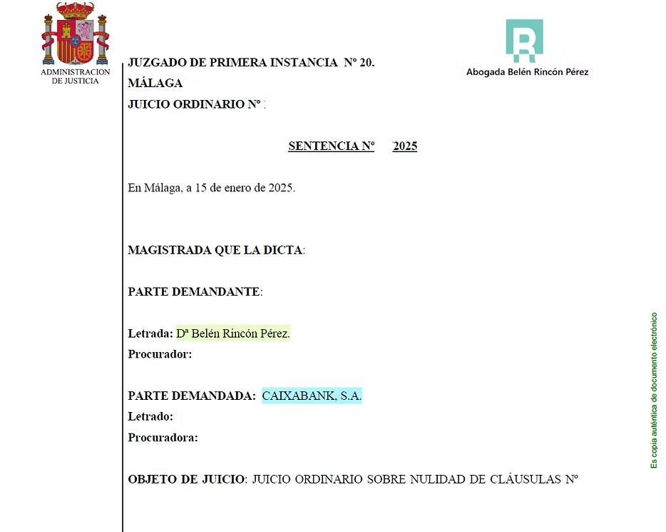 Primera página de la sentencia contra CaixaBank por gastos hipotecarios y comisiones en Málaga