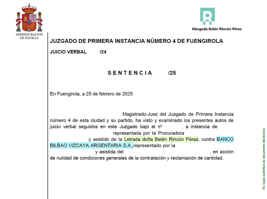 Sentencia Juzgado de Primera Instancia 4 de Fuengirola gastos hipotecarios BBVA