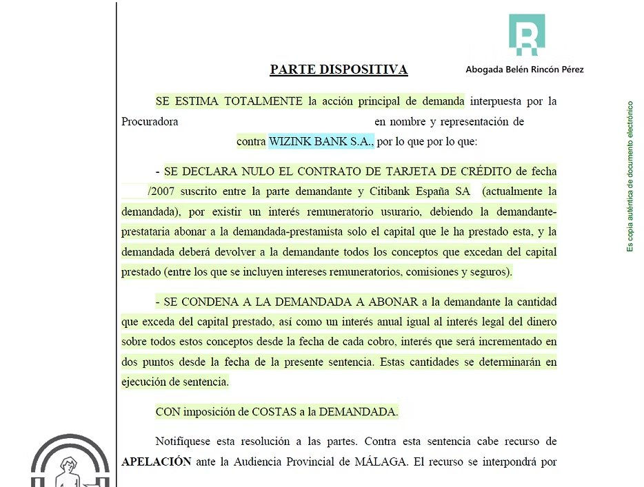 Resolución judicial sobre tarjeta revolving de WiZink en Torremolinos