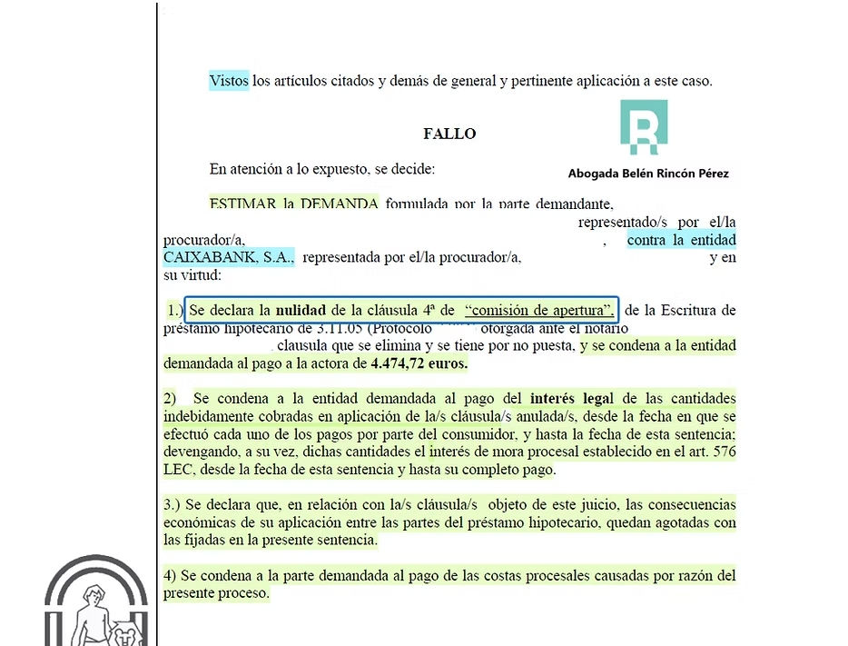 Última página de la sentencia sobre comisión de apertura frente a CaixaBank, con el fallo judicial.