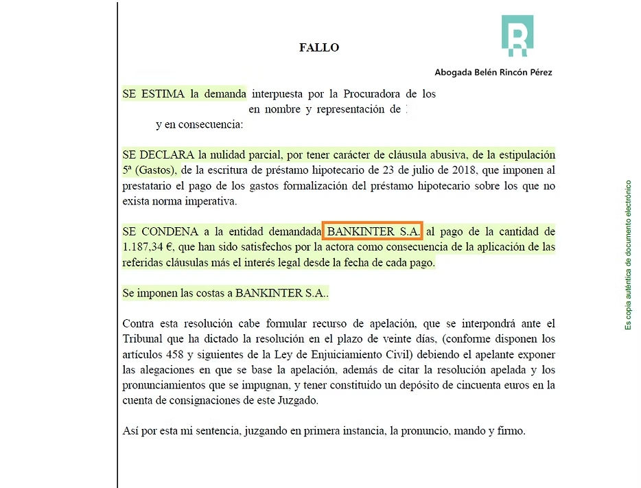 sentencia Juzgado de Primera Instancia 20 de Málaga gastos hipotecarios Bankinter
