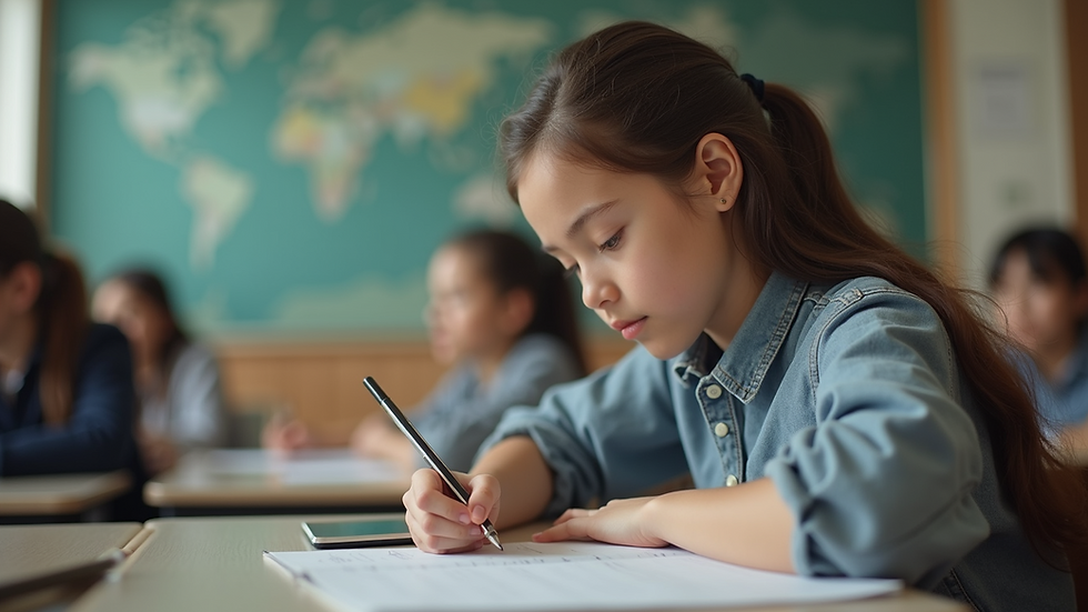 Eye-level view of student taking notes during grammar class