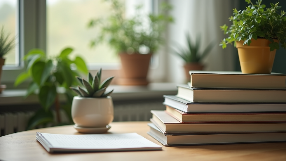 Close-up view of a positive study environment with plants and books