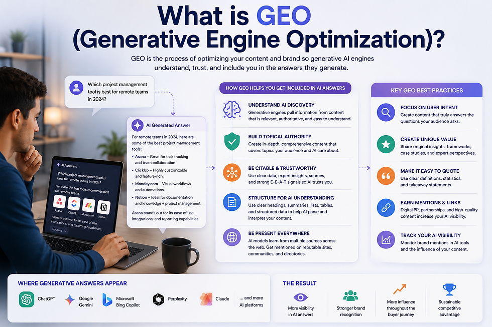 Man using a laptop showing project management tools. Text explains "GEO (Generative Engine Optimization)" benefits and best practices.