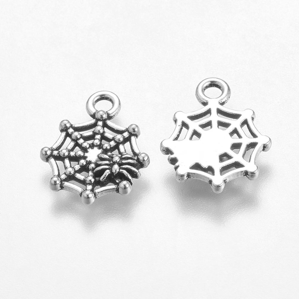 Tibetan Silver Spider on Web Halloween Charm Pendant 17mm