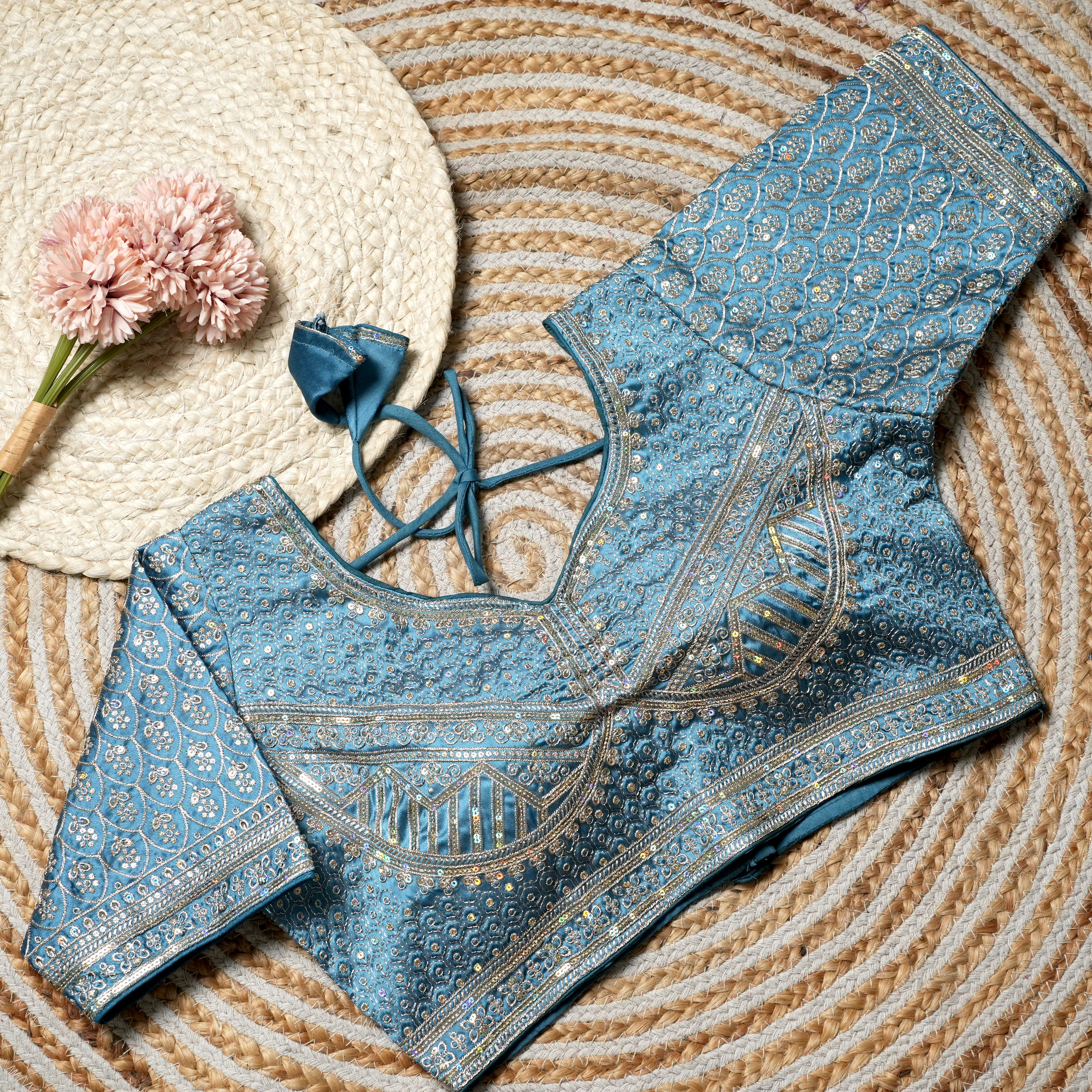 P Mahin Butti: All-Over Micro Floral Lattice & Geometric Arch Embroidered Blouse