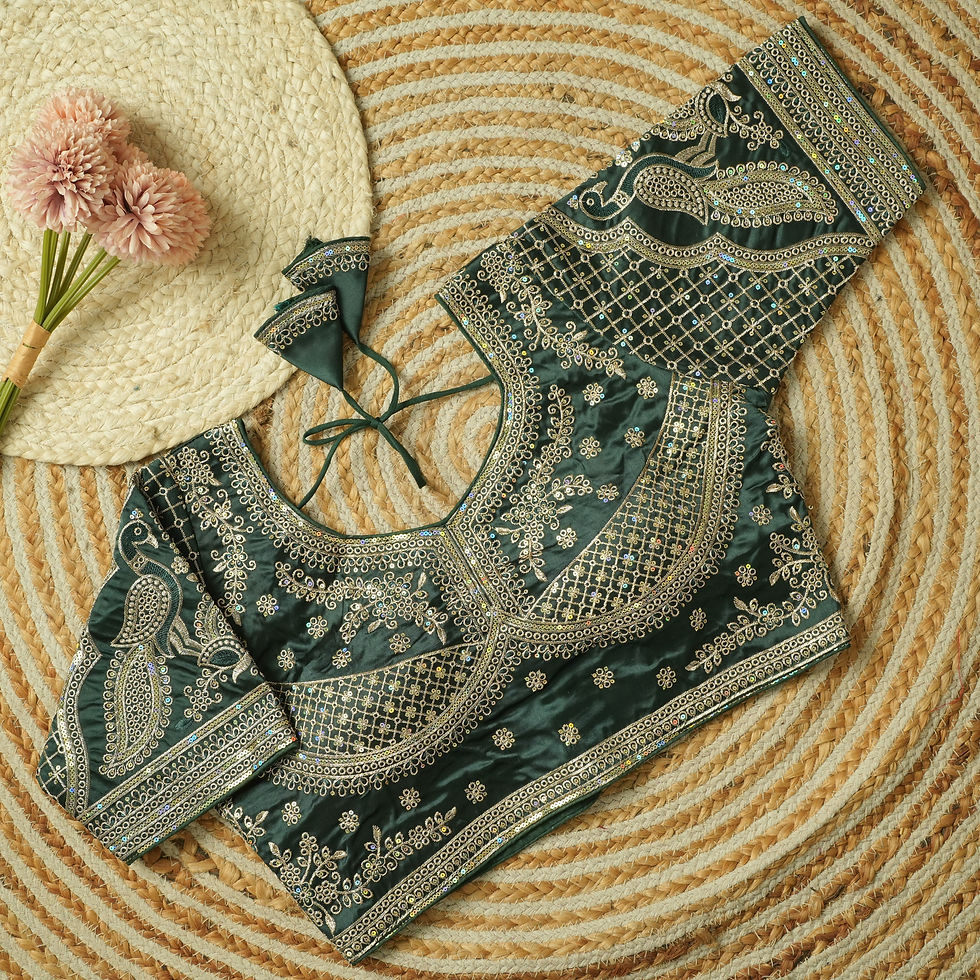 Thumbnail: P Moor: Royal Peacock (Mor) Motif & Diamond Grid Embroidered Blouse