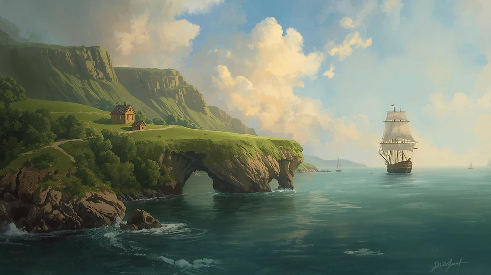 A ship sailing next to land.