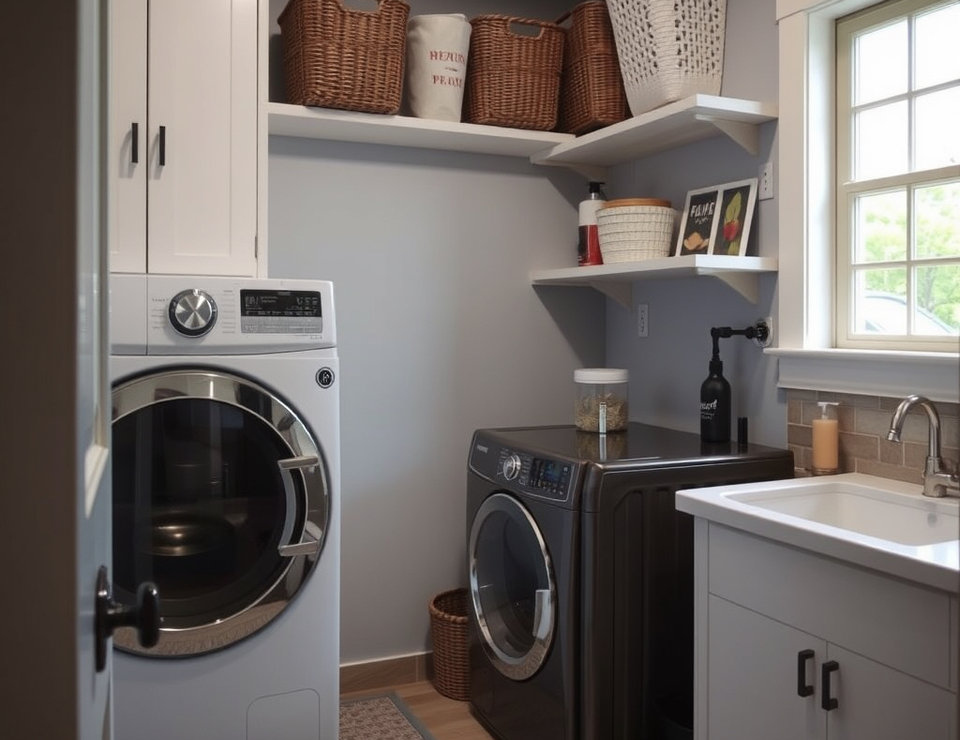 Laundry room with a front-load washer and dryer ready for a cleaning appointment