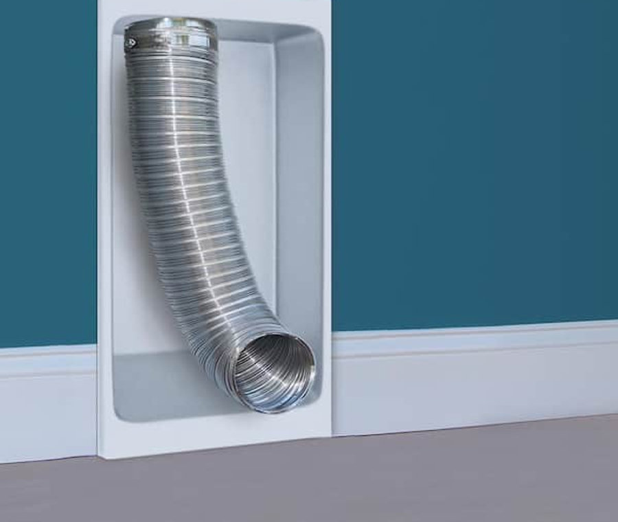 Recessed dryer wall box with a flexible metal transition duct, a common replacement part