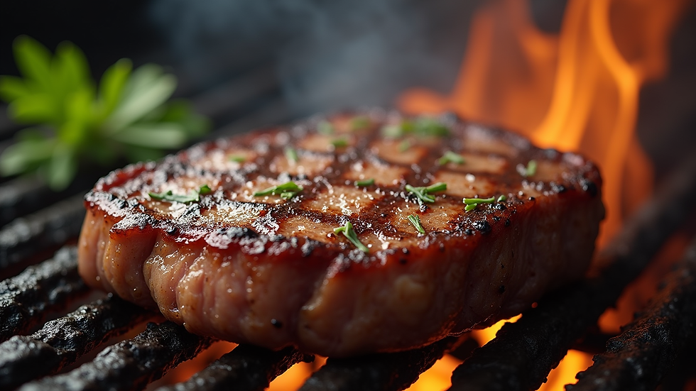 Close-up view of a perfectly seasoned steak on a grill