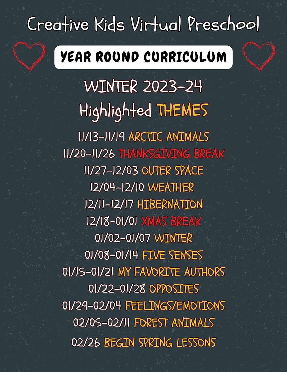 Facebook schedule online preschool themes Winter 2023-24