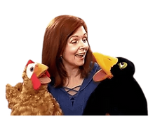 Denise and Ollie teaching online preschool with Penny the Hen.