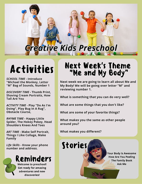 Me and My Body newsletter Creative Kids Preschool Fredericksburg, Virginia