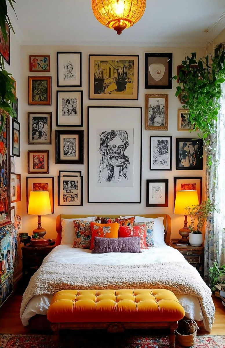 mur de cadres dans une petite chambre