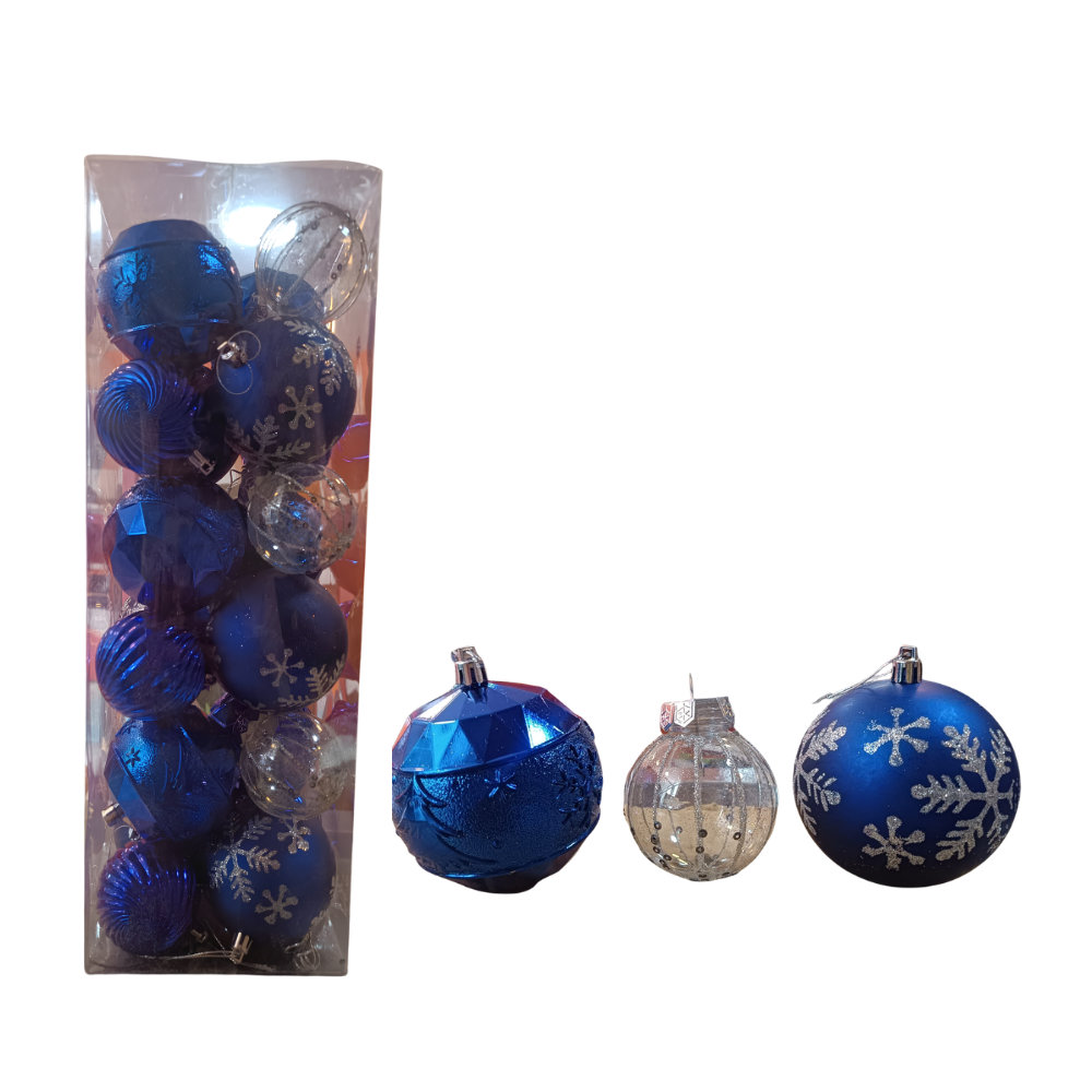 BOLAS NAVIDEÑAS AZUL REAL Y TRANSPARENTE (PACK DE ESFERAS VARIADAS) x 24