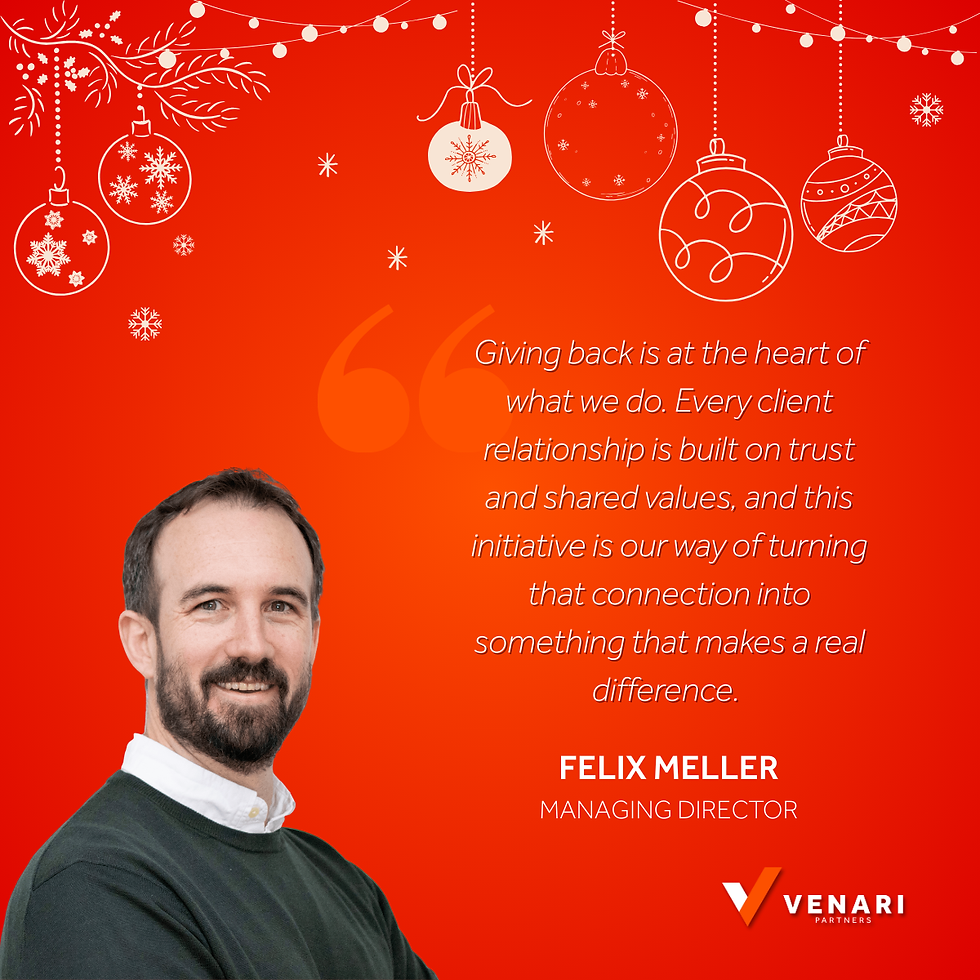 Smiling man with a festive red background, ornament illustrations, and text about giving back, titled "FELIX MELLER, MANAGING DIRECTOR."