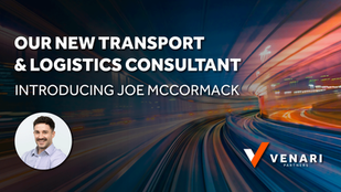 Man smiling in a white circle, over a blurred road. Text: "Our new transport & logistics consultant, introducing Joe McCormack.” Venari Partners logo.