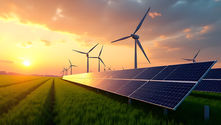 Solar panels and wind turbines in a green field at sunset, with an orange and pink sky creating a serene and sustainable energy scene.