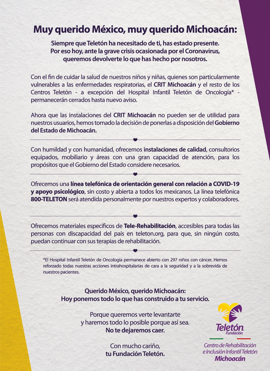 CRIT MICHOACÁN PONE A DISPOSICIÓN INSTALACIONES PARA HACER FRENTE A LA PANDEMIA DE COVID-19