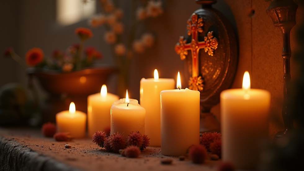 Close-up view of a serene candlelit altar with spiritual symbols