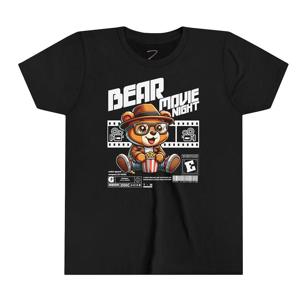 Youth Bear Movie Night Black T-Shirt Front View Mockup