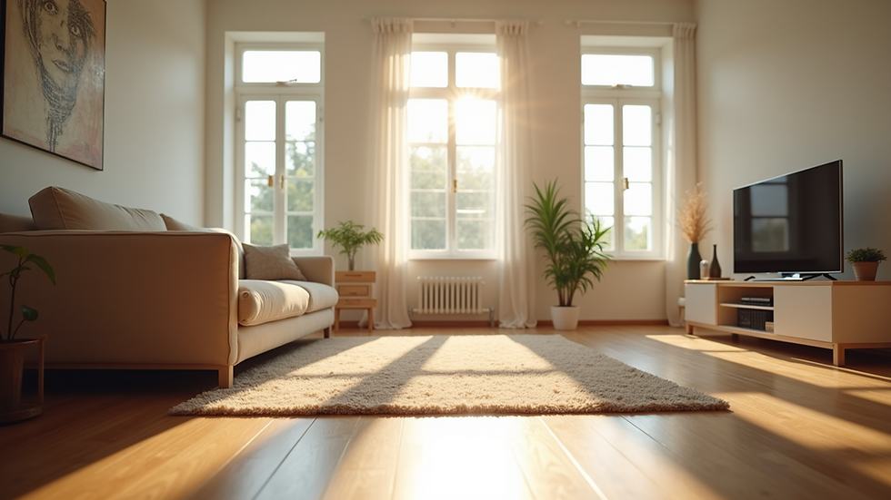 Eye-level view of a clean and tidy living room with sunlight