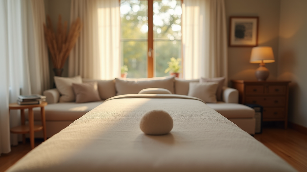 Eye-level view of a massage table set up in a cozy living room
