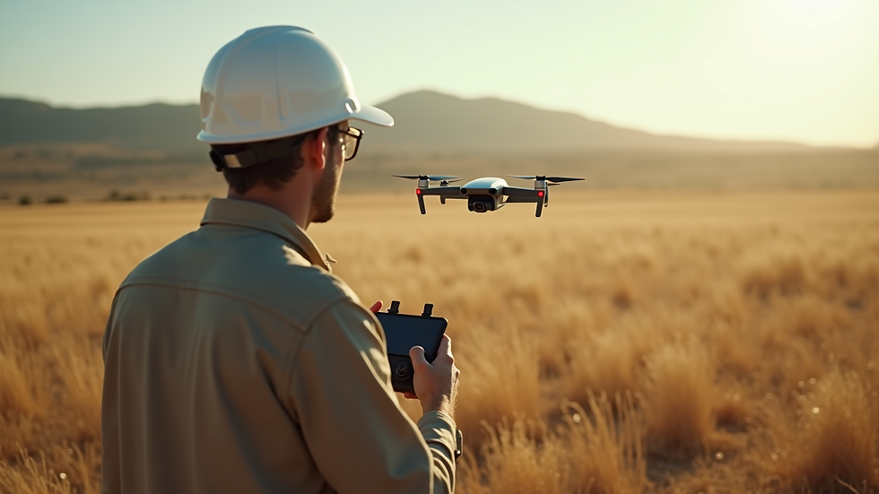 Eye-level view of drone operator controlling drone in open field