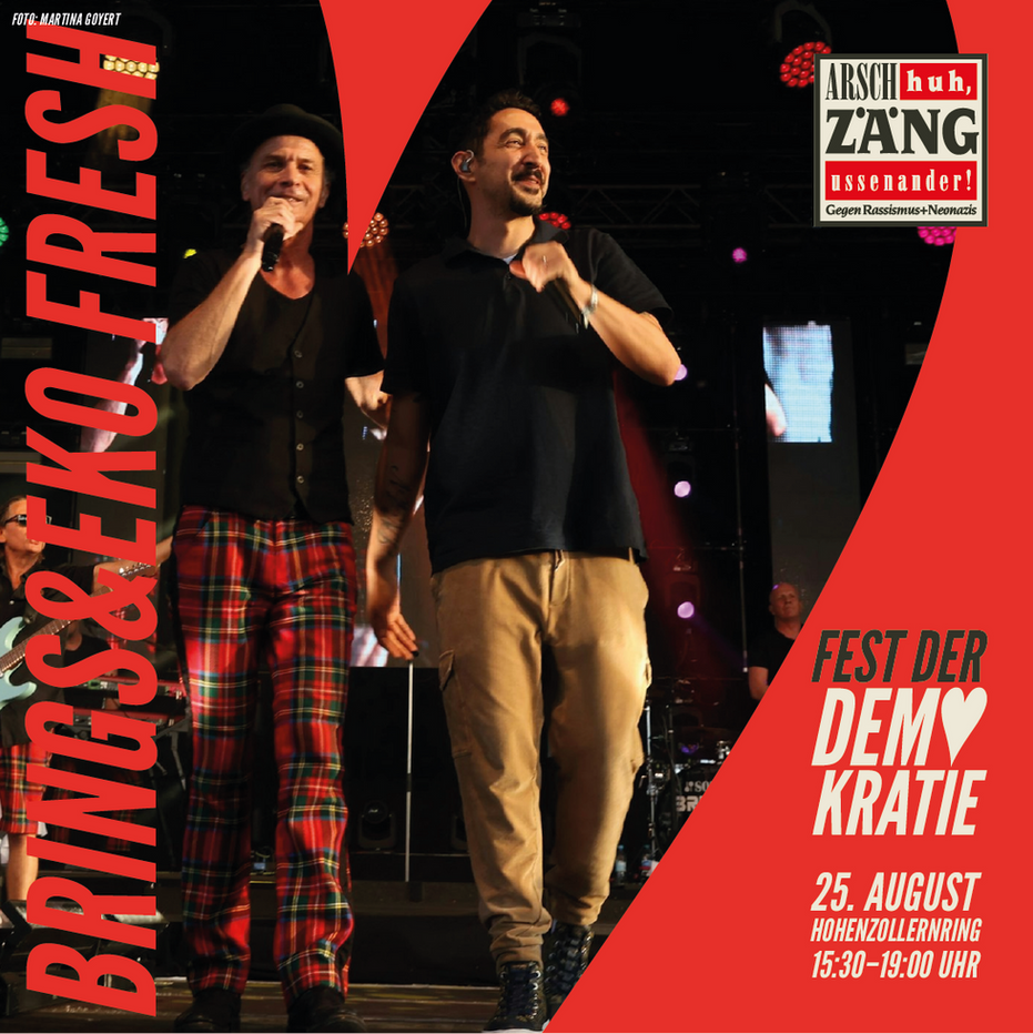 Fest der Demokratie
25. August 2024
15:30 – 19:00 Uhr
Hohenzollernring, Köln