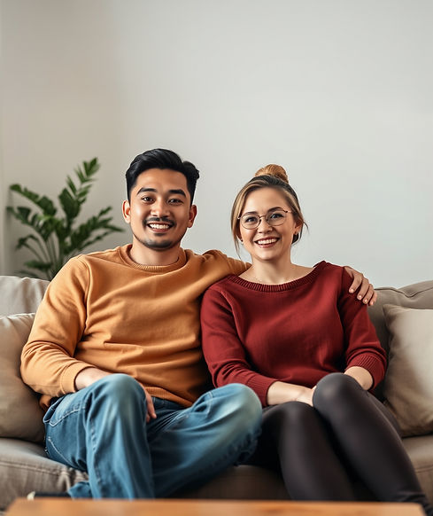 I need an image of a mixed couple, asian male and a white female sitting on a couch for c