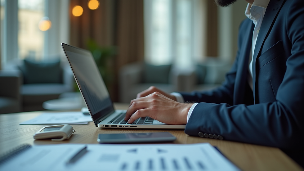 Close-up view of a hotel consultant analyzing data on a laptop