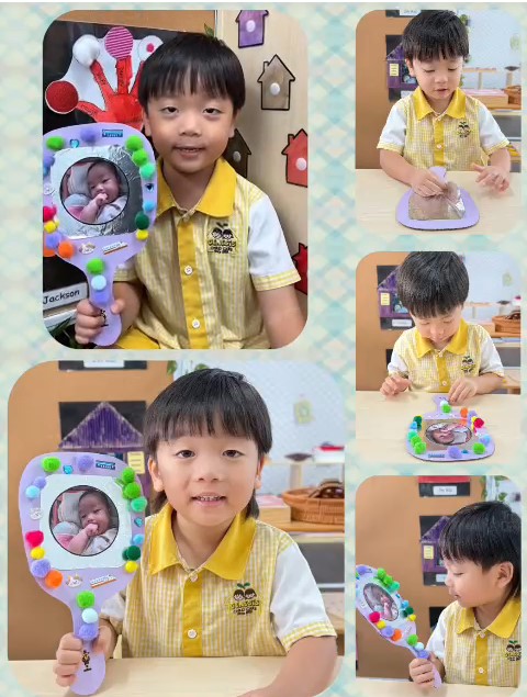 A child proudly presents a creative mirror craft in a fun classroom setting.