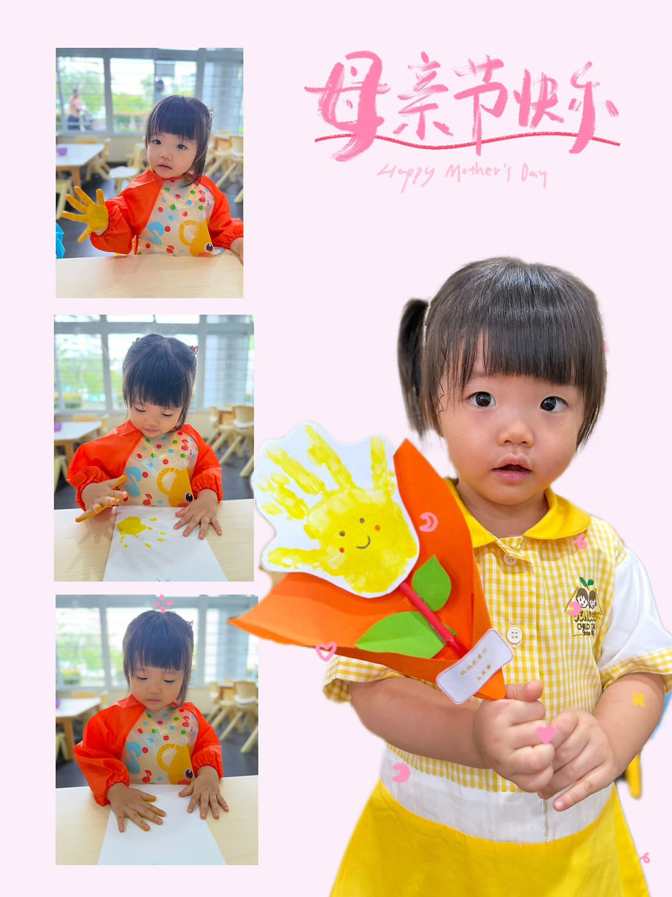 A child making a cheerful handprint flower for Mother’s Day.