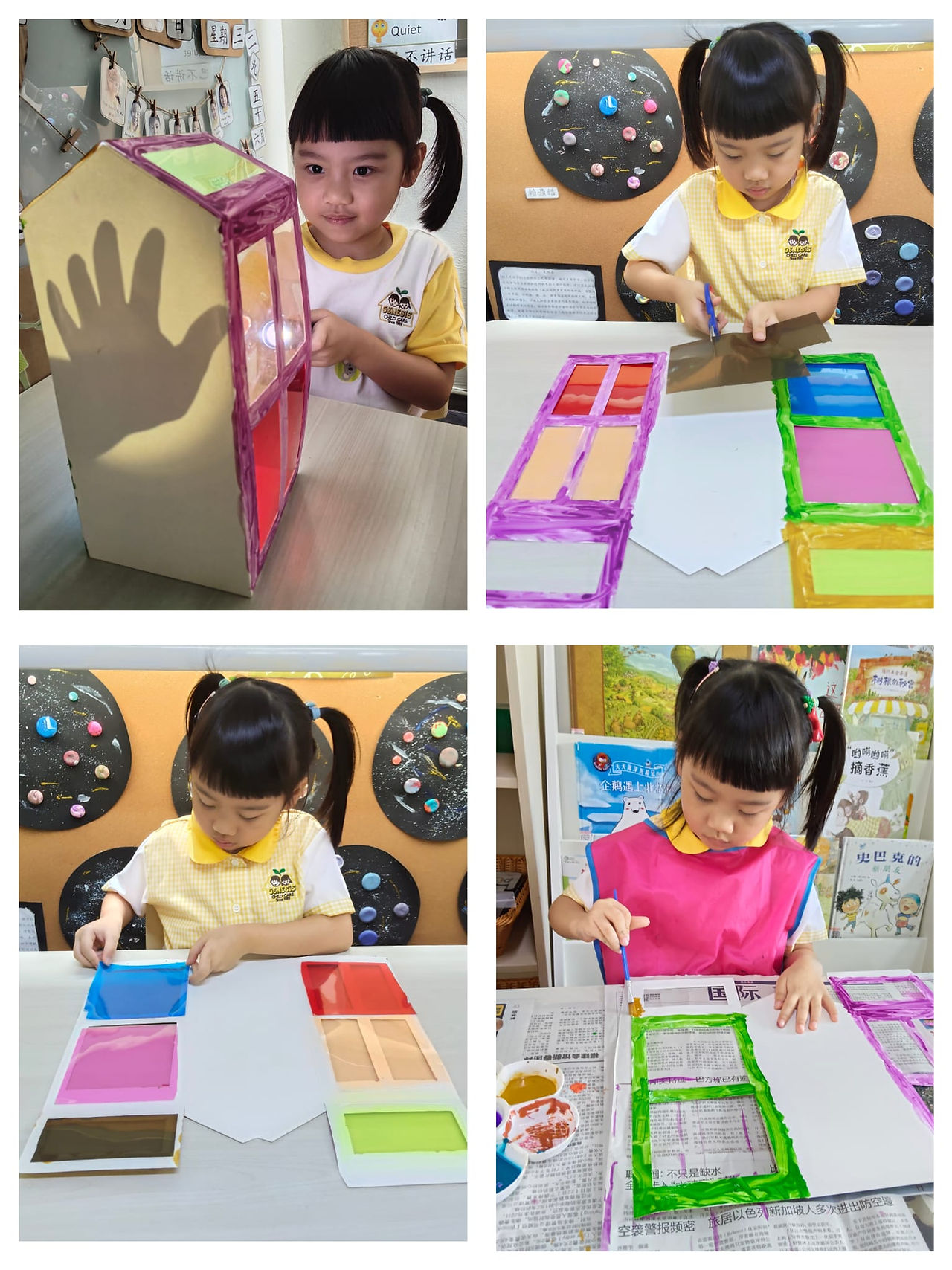 A child assembles and decorates a colorful window house craft step by step.