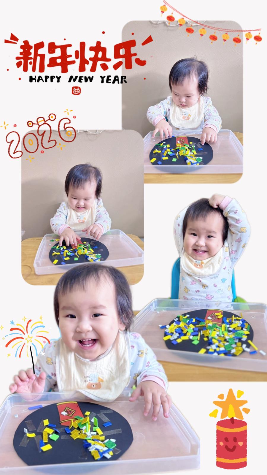 A happy toddler enjoys a fun New Year craft activity, decorating with colorful pieces to celebrate 2