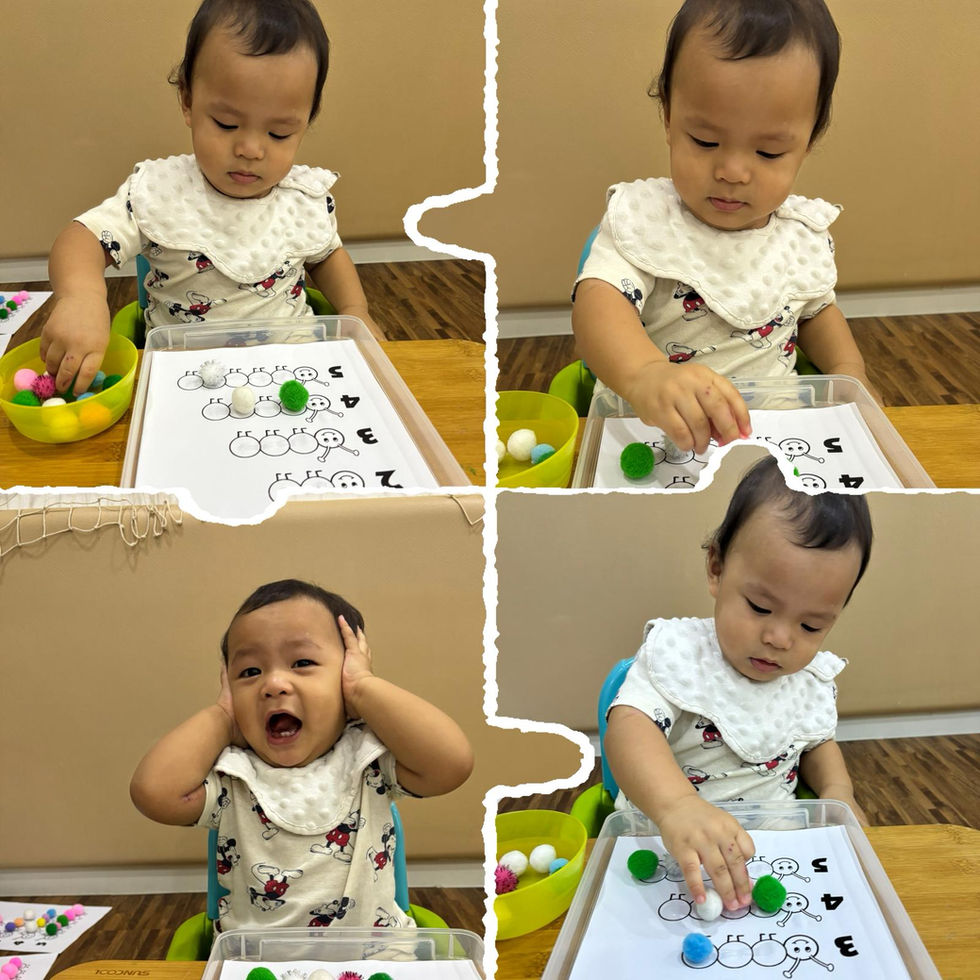 A toddler practices counting with colorful pom-poms while showing playful expressions.