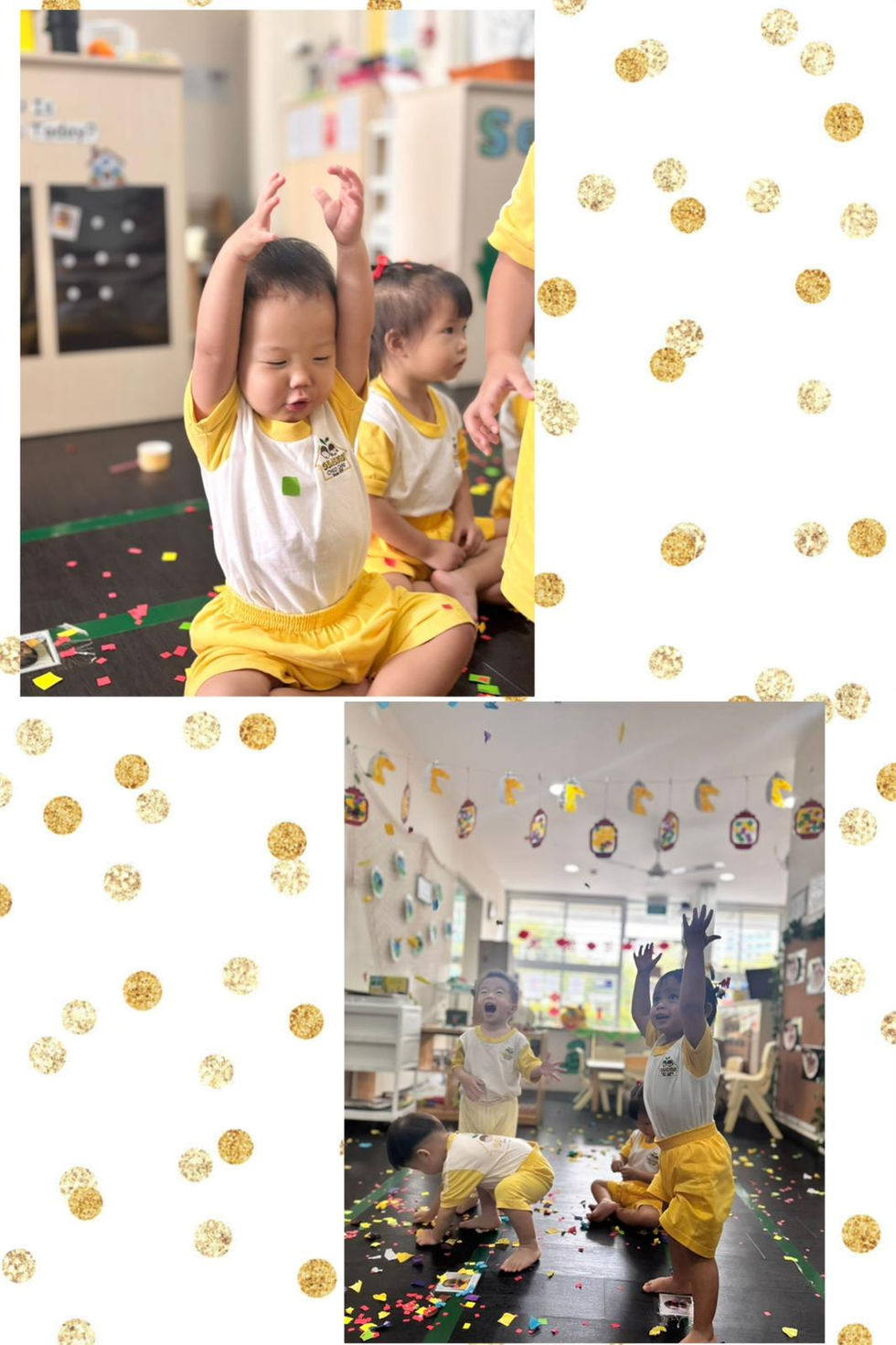 Toddlers joyfully play and celebrate with colorful confetti during a fun classroom activity.