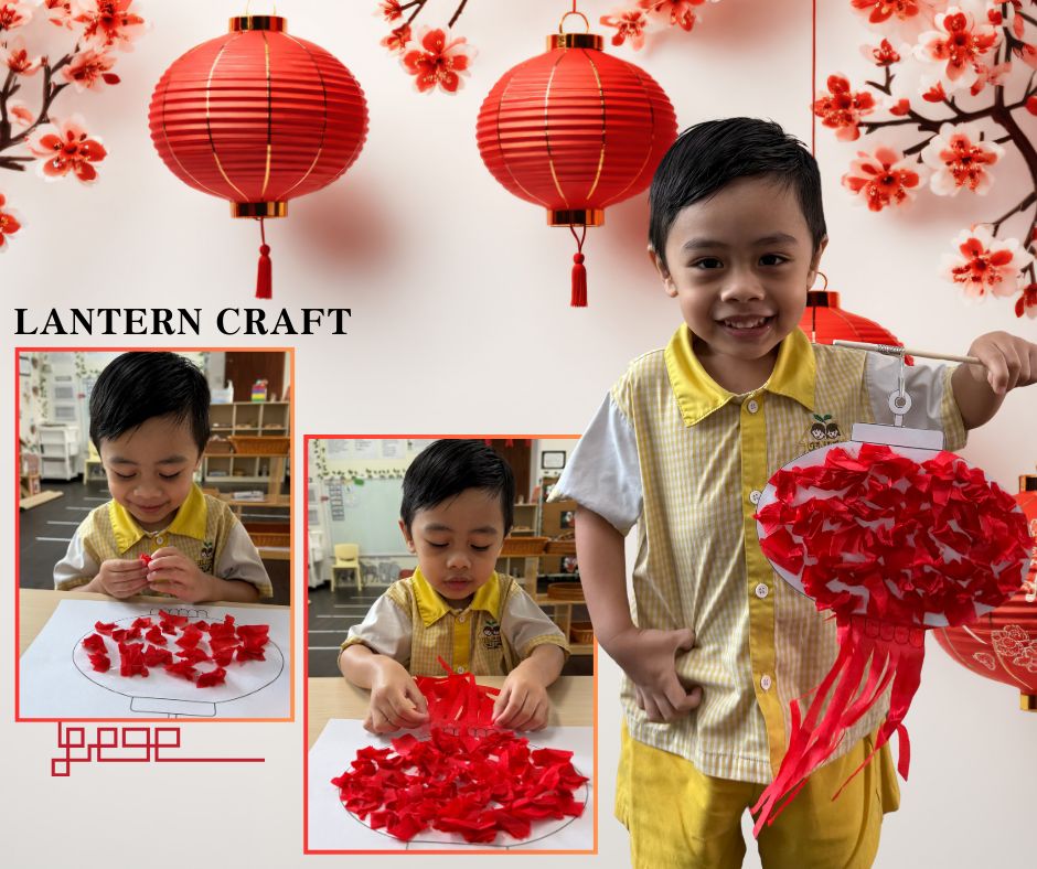 A child making and showcasing a colorful lantern craft.