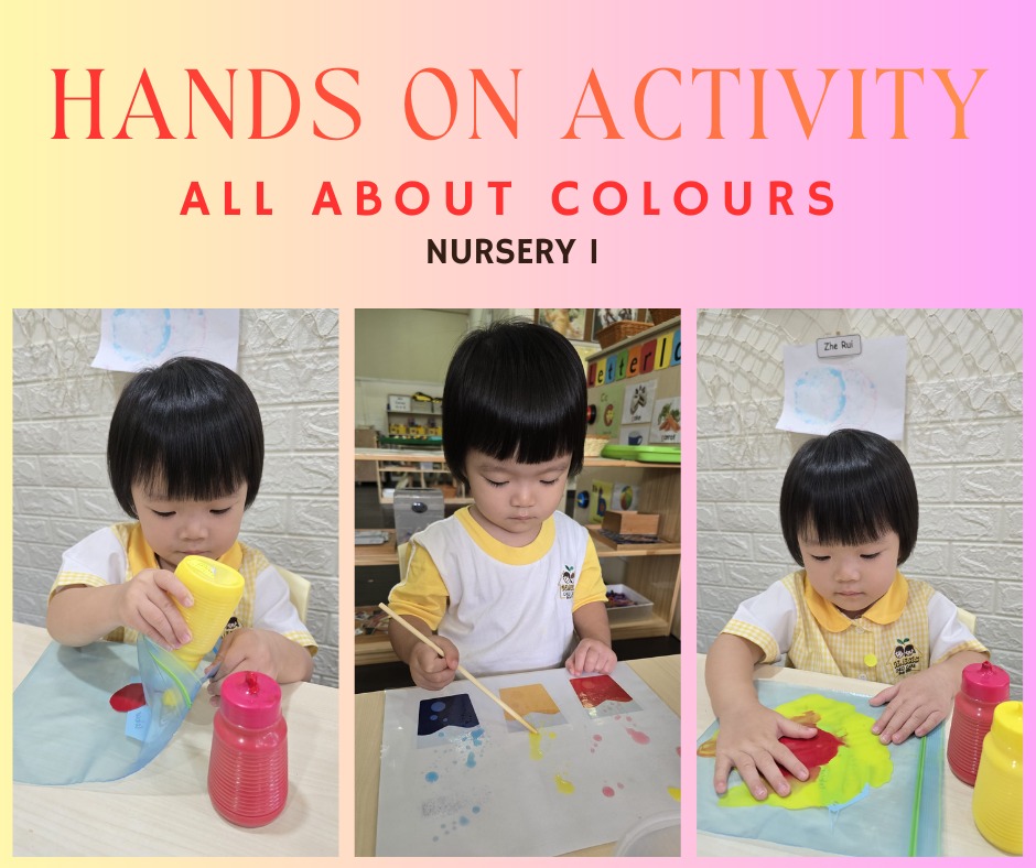 Nursery children enjoying a hands-on color exploration activity.