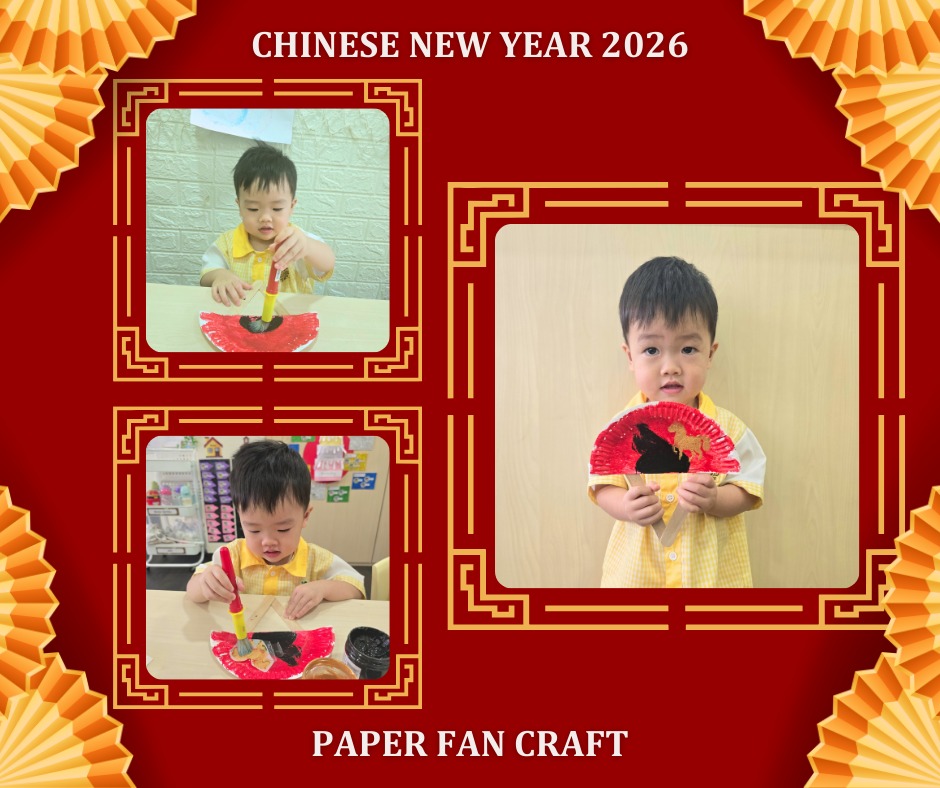 A child making and showcasing a Chinese New Year paper fan craft.