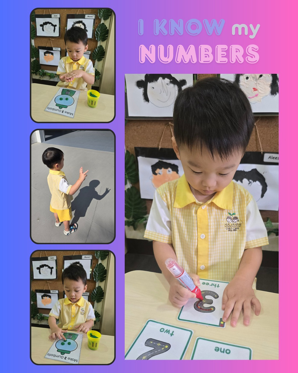 A child practices counting and number recognition through fun, hands-on activities.