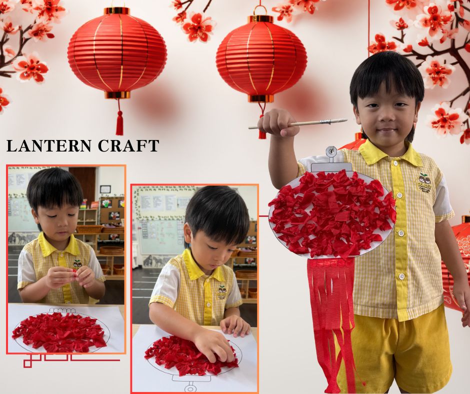A child creating and proudly holding a festive lantern craft.