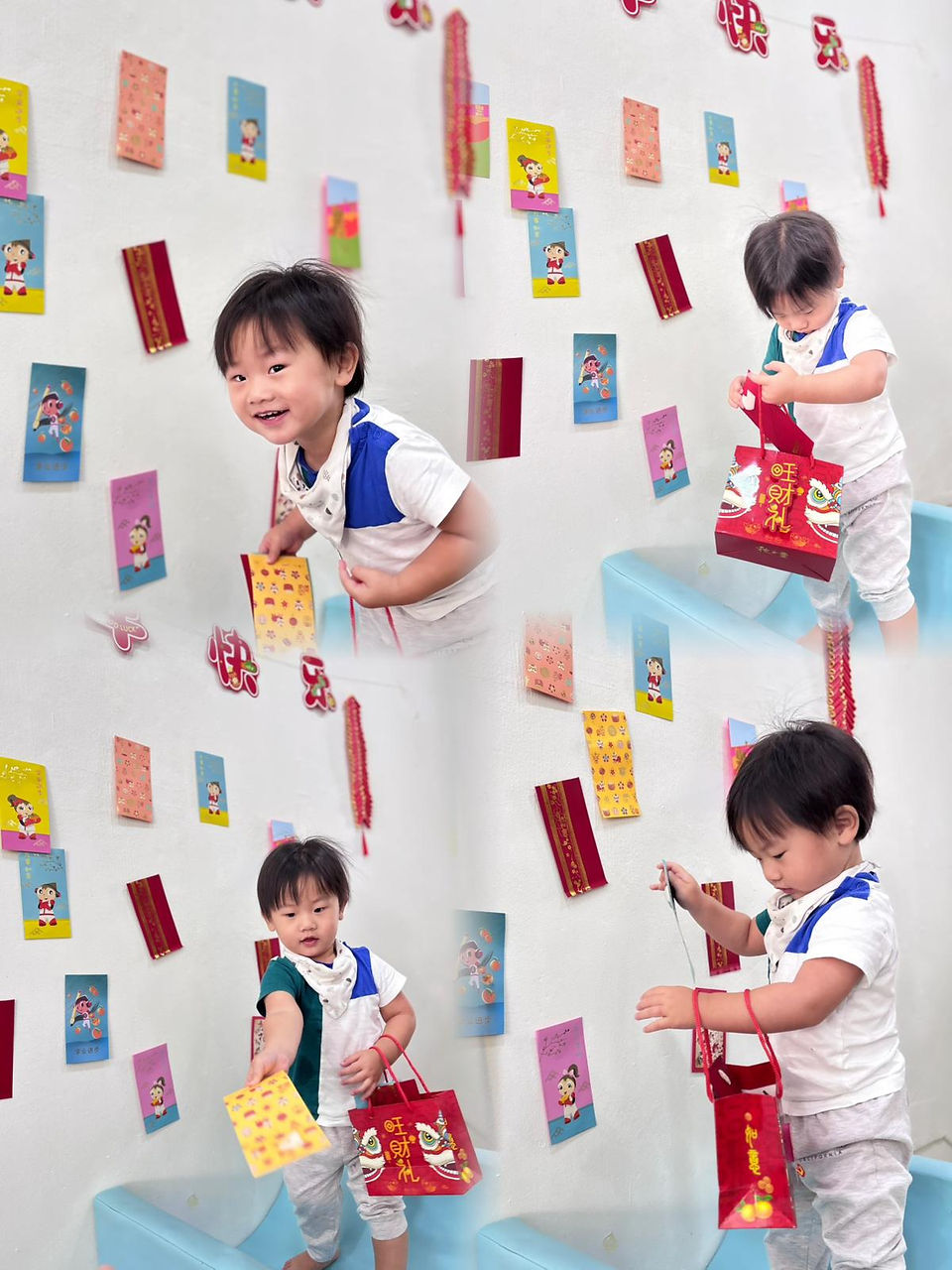 A toddler happily collecting red envelopes during a festive celebration.
