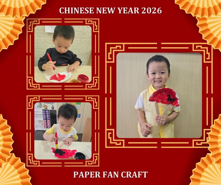 Kids creating and displaying a Chinese New Year paper fan craft.